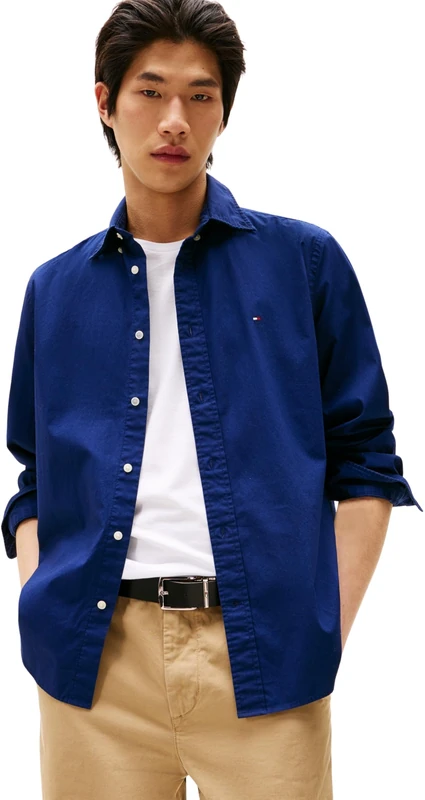 Tommy Hilfiger Men’s Flex Poplin Solid Regular Fit Shirt, Blue (Preppy Navy), L