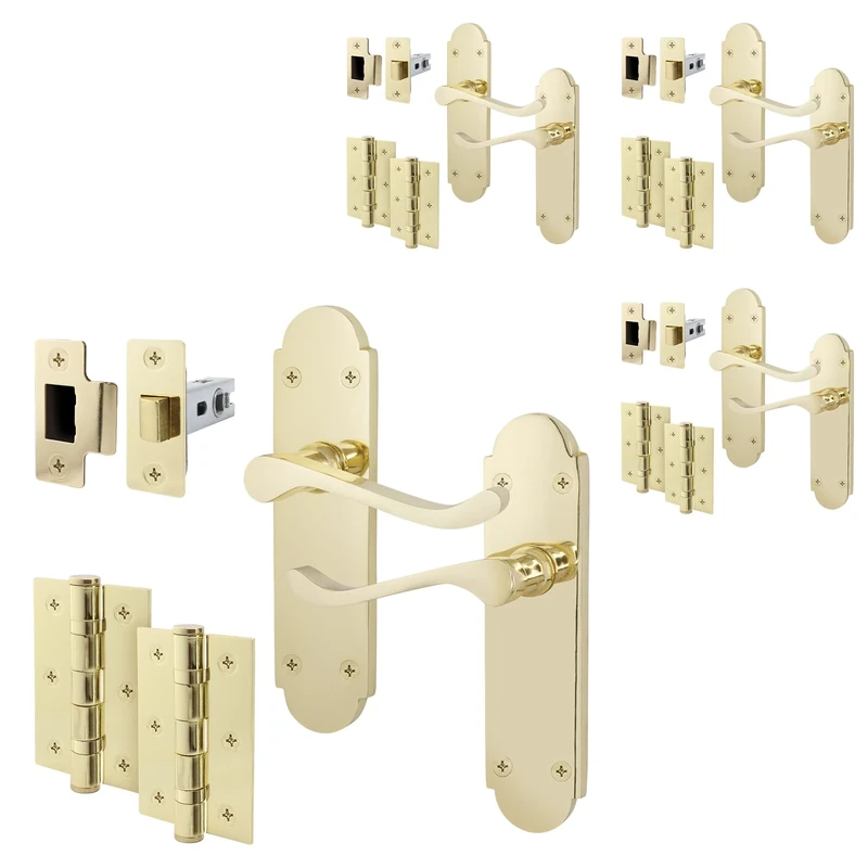 EAI Polished Brass Door Handle Latch Set - Victorian Scroll Shaped | 4 Pairs of Internal Latch Handles & Latches (64mm)