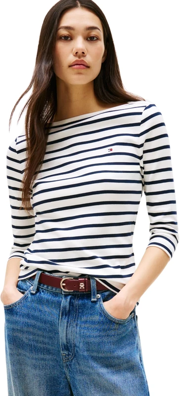 Tommy Hilfiger Women’s Long Sleeve Slim Fit New Cody Top with Boat Neck, Multicolor (Breton/ECU/Dark Night Navy), XL