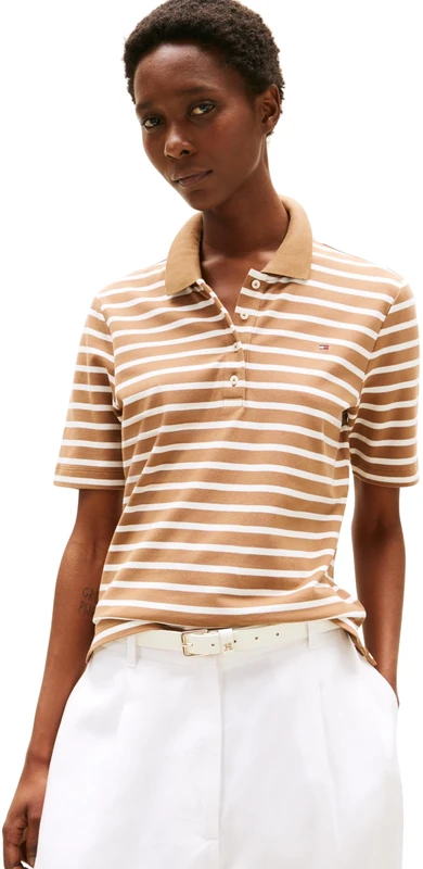 Tommy Hilfiger Women’s 1985 Short Sleeve Regular Fit Pique Polo Shirt, Multicolor (Hickory/Ecru STP), M