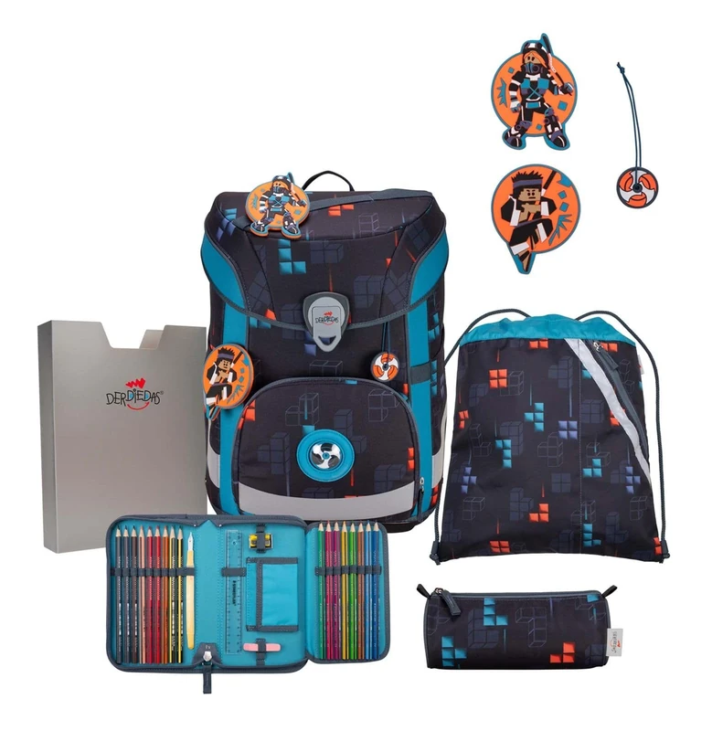 DerDieDas ErgoFlex Easy Ninja Fighter School Bag 5-Piece Set, Blue, ErgoFlex Easy Set