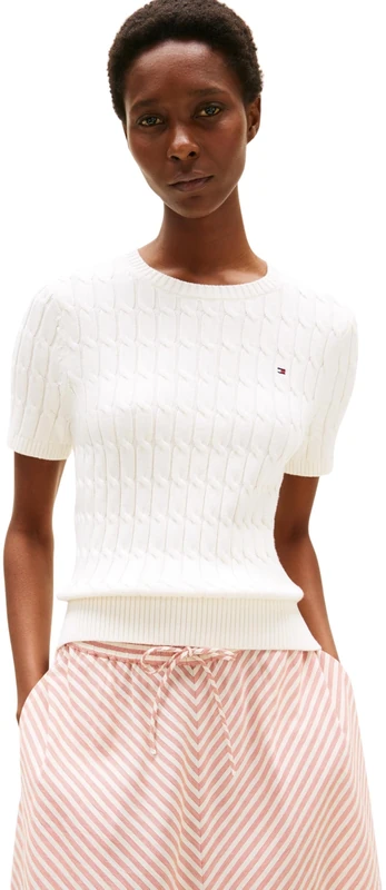Tommy Hilfiger Women’s Short Sleeve Cable Knit Jumper, White (Ivory Silk), XL