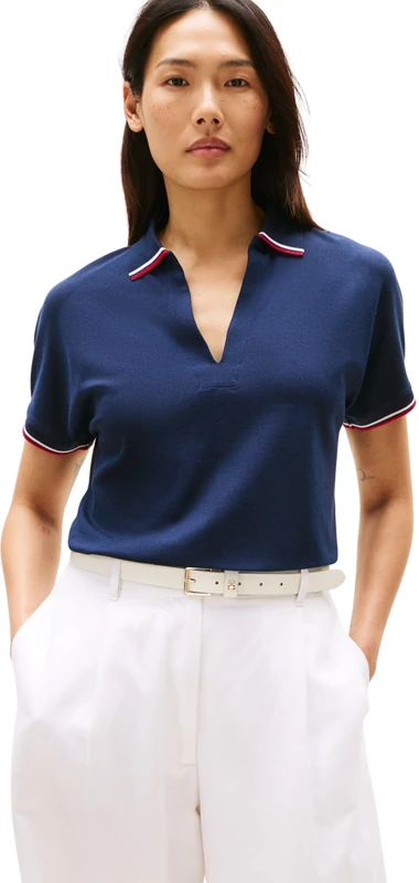 Tommy Hilfiger Women’s Short Sleeve Lyocell Tipping Polo Shirt Without Button Placket, Blue (Dark Night Navy), XL