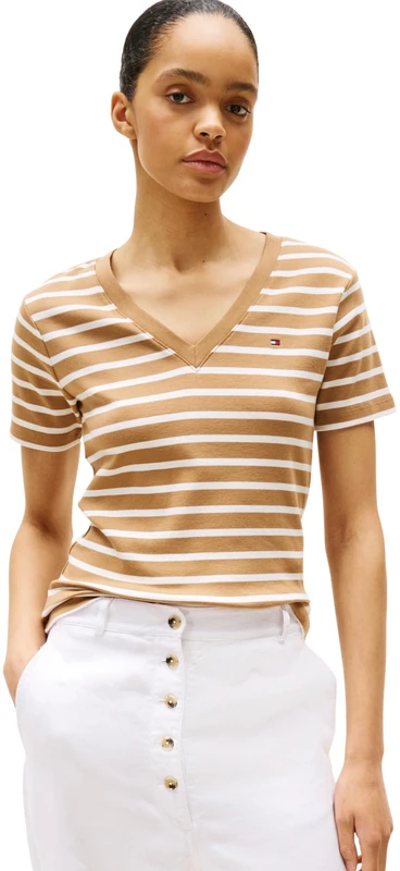 Tommy Hilfiger Women’s Short Sleeve T-Shirt New Slim Cody V-Neck, Multicolor (Hickory/Ecru STP), S
