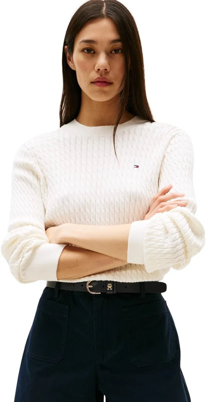 Tommy Hilfiger Women’s Fine Cable Knit Jumper, White (Ivory Silk), M