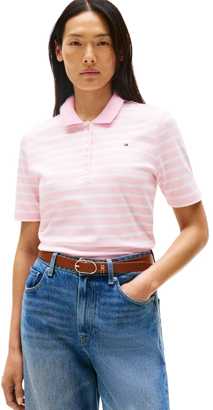 Tommy Hilfiger Women’s 1985 Short Sleeve Regular Fit Pique Polo Shirt, Multicolor (Breton STP Classic Pink/Ecru), XL