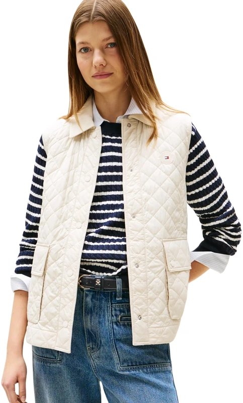 Tommy Hilfiger Women’s Nylon Slim Quilted Gilet, Off-White (Newsprint), XS