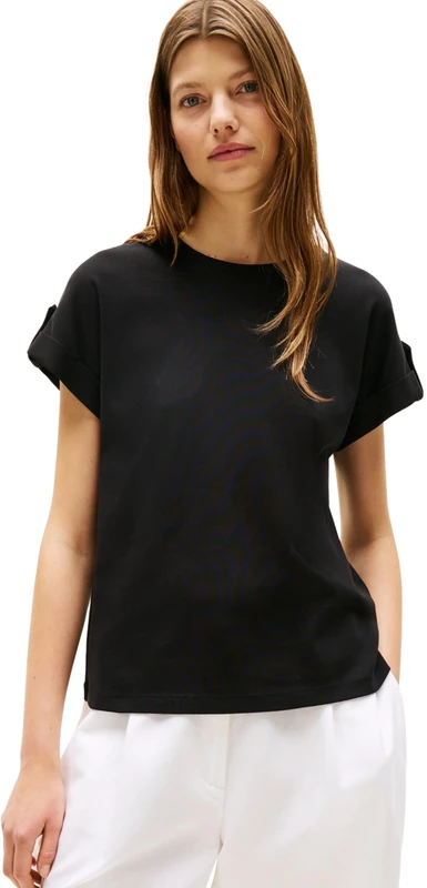 Tommy Hilfiger Women’s Short Sleeve Gold Button Round Neck T-Shirt, Black (Black), XXS