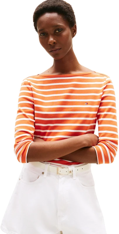 Tommy Hilfiger Women’s Long Sleeve Slim Fit New Cody Top with Boat Neck, Multicolor (Classic Breton Orange/ECU), XS