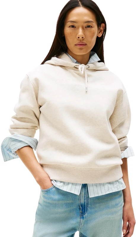 Tommy Hilfiger Women’s Logo Hoodie, Off-White (Heather Oatmilk), XL