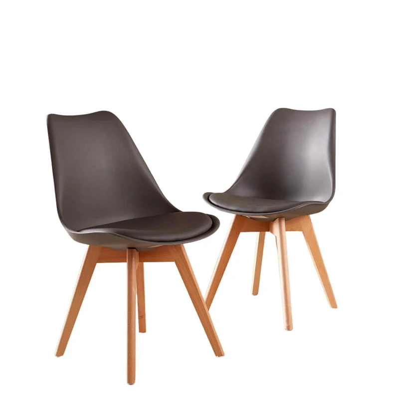 Home Source Pair of 2 Dining Chairs, Plastic Tulip Kitchen Diner Set, Padded Faux Leather Seat, Solid Wood Legs, Grey