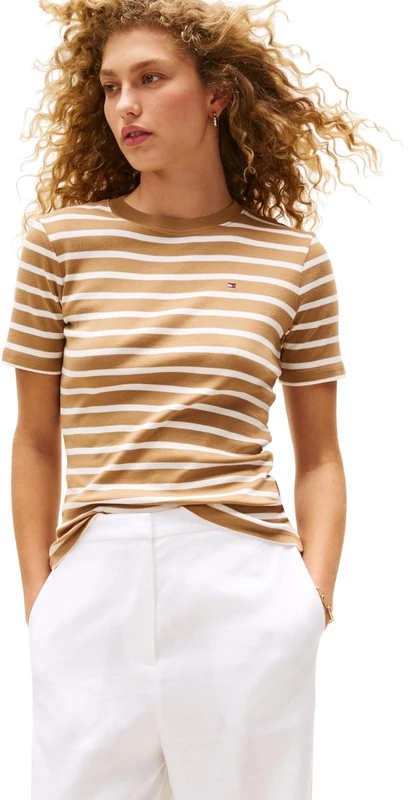 Tommy Hilfiger Women’s Short Sleeve Round Neck Slim Cody T-Shirt, Multicolor (Hickory/Ecru STP), XXS