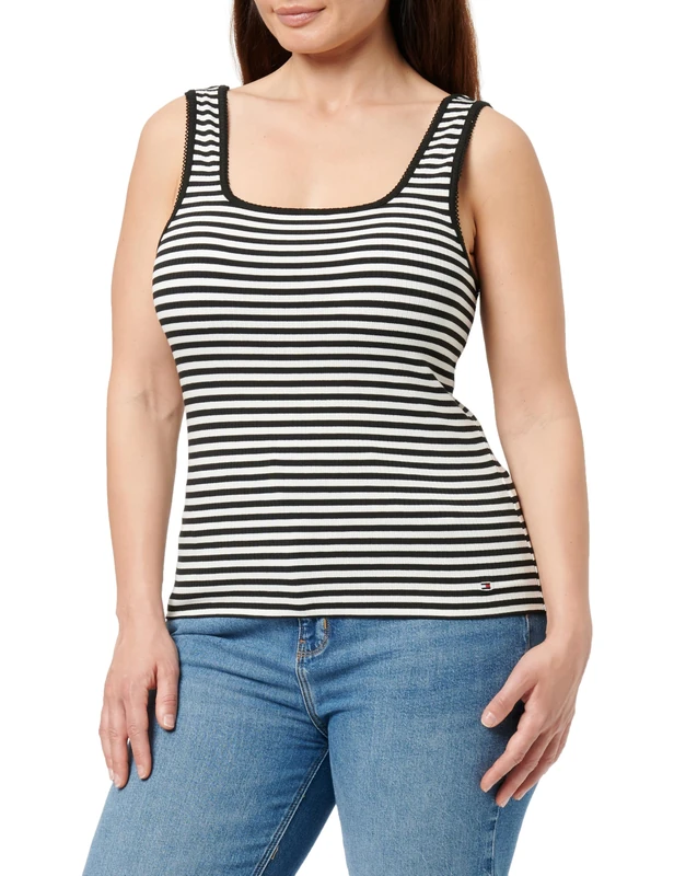 Tommy Hilfiger Women's Slim Ribbed Tank Top, Multicolor (Ecru/Black Fine STP), XL