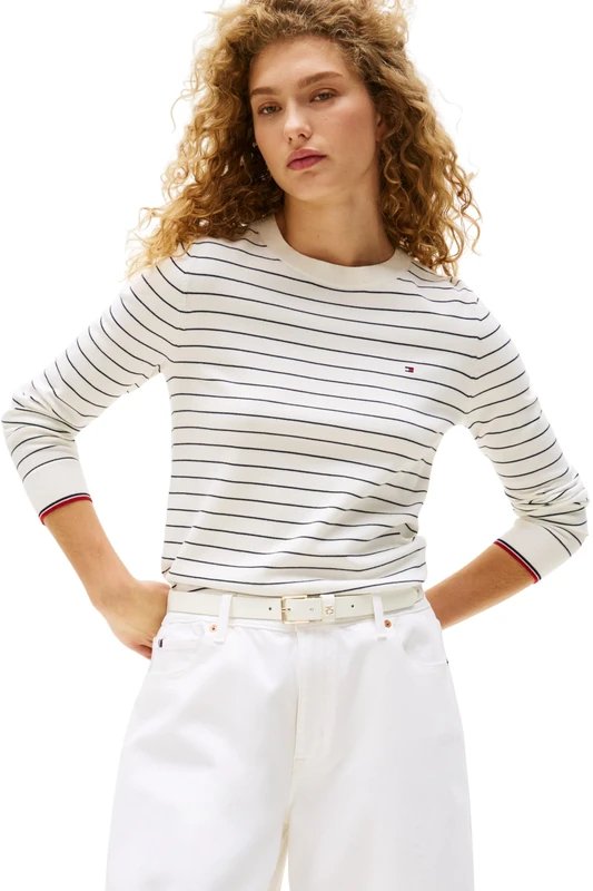 Tommy Hilfiger Women’s Fine Jersey Round Neck Jumper, Multicolor (Ivory Silk/Dark Night Navy Fine STP), S - Image 1
