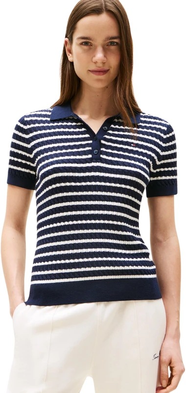 Tommy Hilfiger Women’s Short Sleeve Cable Knit Polo Shirt with Button Placket, Multicolor (Dark Night Navy/Ivory Silk STP), L