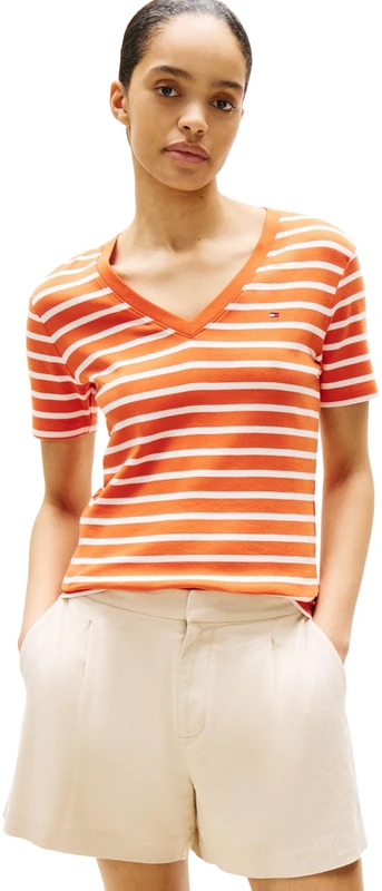Tommy Hilfiger Women’s Short Sleeve T-Shirt New Slim Cody V-Neck, Multicolor (Classic Breton Orange/ECU), XXS