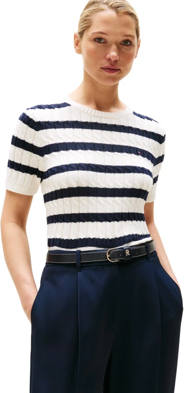 Tommy Hilfiger Women’s Short Sleeve Cable Knit Jumper, Multicolor (Ivory Silk/Dark Night Navy STP), S