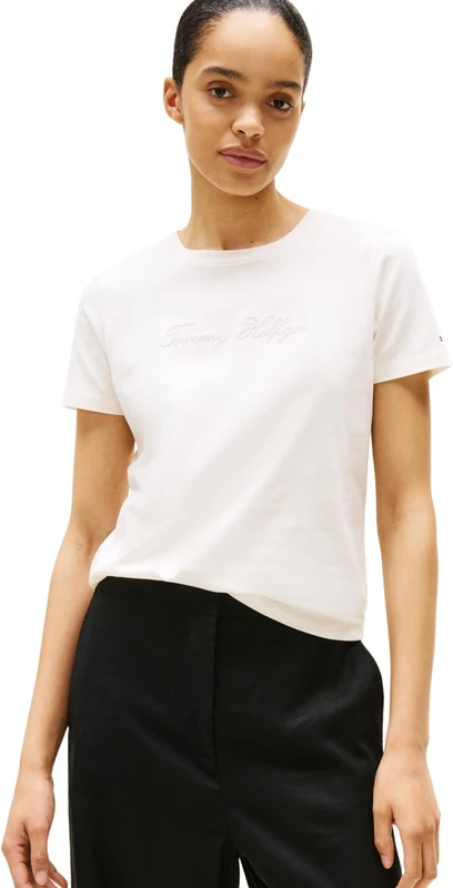 Tommy Hilfiger Women’s Short Sleeve Round Neck Lurex Script T-Shirt, White (Ivory Silk), XXS