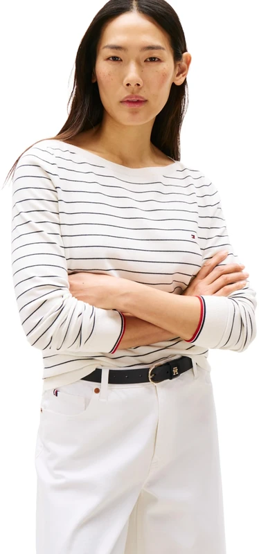 Tommy Hilfiger Women's Knitted Jumper, Multicolor (Ivory Silk/Dark Night Navy Fine STP), L