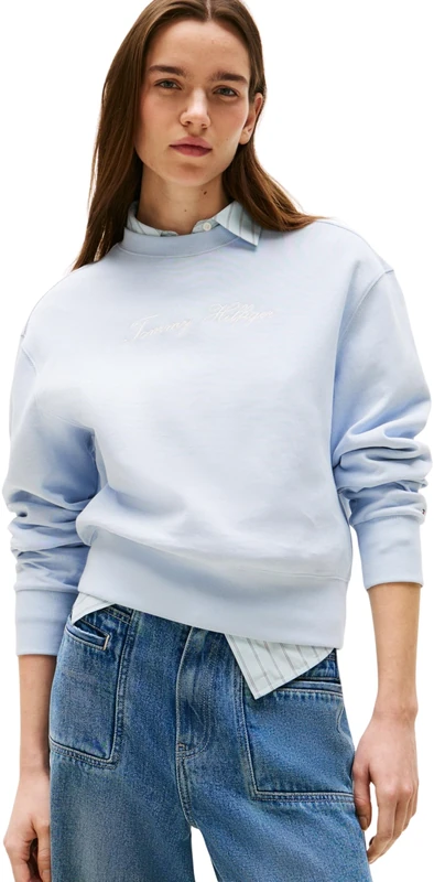 Tommy Hilfiger Women’s Script Pique Regular Fit Sweatshirt, Blue (Breezy Blue), XL