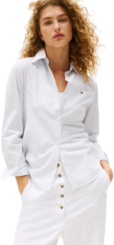 Tommy Hilfiger Women’s Regular Fit Poplin Shirt with Pointed Collar, Multicolor (Classic Ithaka STP Breezy Blue), 16