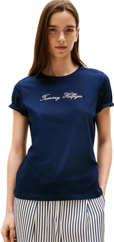 Tommy Hilfiger Women’s Short Sleeve Round Neck Lurex Script T-Shirt, Blue (Dark Night Navy), XXS