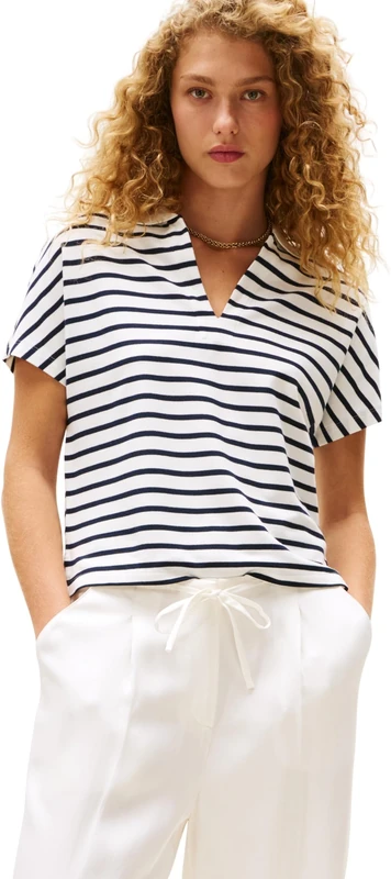 Tommy Hilfiger Women’s Short Sleeve Lyocell Tipping Polo Shirt Without Button Placket, Multicolor (Breton/ECU/Dark Night Navy), L - Image 1