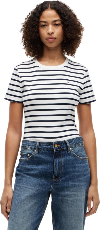Tommy Hilfiger Women’s Short Sleeve Round Neck Slim Cody T-Shirt, Multicolor (Breton/ECU/Dark Night Navy), L
