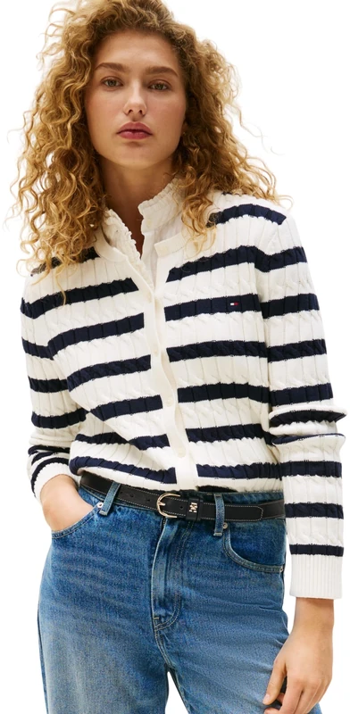 Tommy Hilfiger Women’s Slim Fit Cable Knit Cardigan, Multicolor (Ivory Silk/Dark Night Navy STP), XXS - Image 1