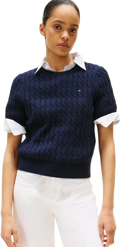 Tommy Hilfiger Women’s Short Sleeve Cable Knit Jumper, Blue (Dark Night Navy), XXS