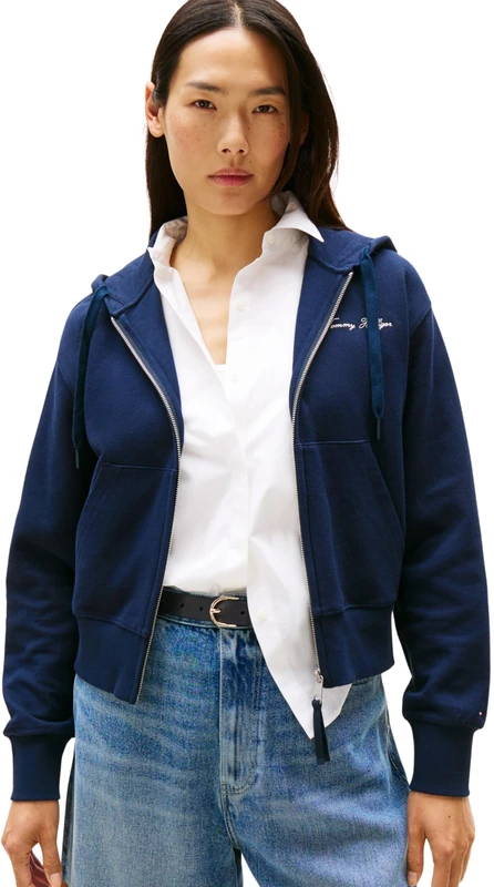 Tommy Hilfiger Women’s Script Pique Hoodie with Zip, Blue (Dark Night Navy), XS