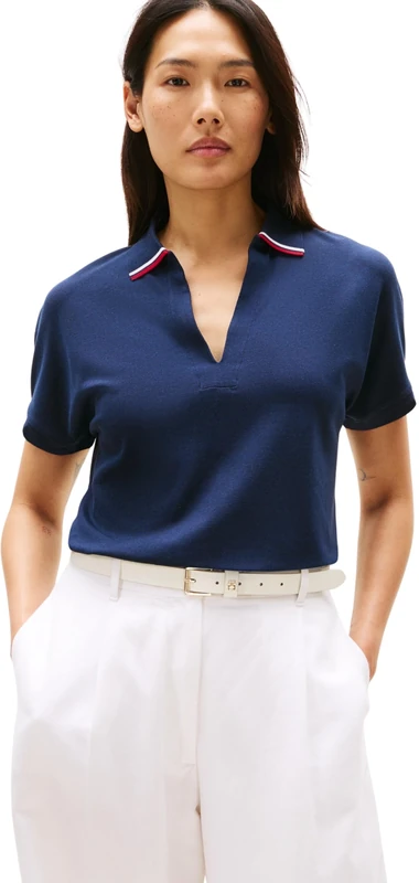 Tommy Hilfiger Women’s Short Sleeve Lyocell Tipping Polo Shirt Without Button Placket, Blue (Dark Night Navy), 3XL