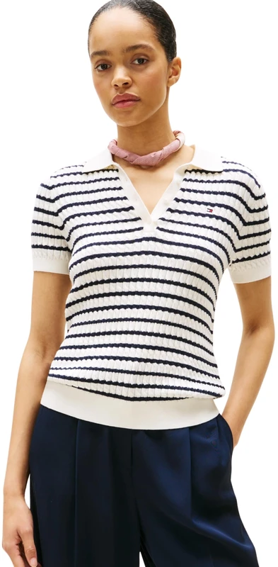 Tommy Hilfiger Women’s Short Sleeve Cable Knit Polo Shirt with Button Placket, Multicolor (Ivory Silk/Dark Night Navy STP), S
