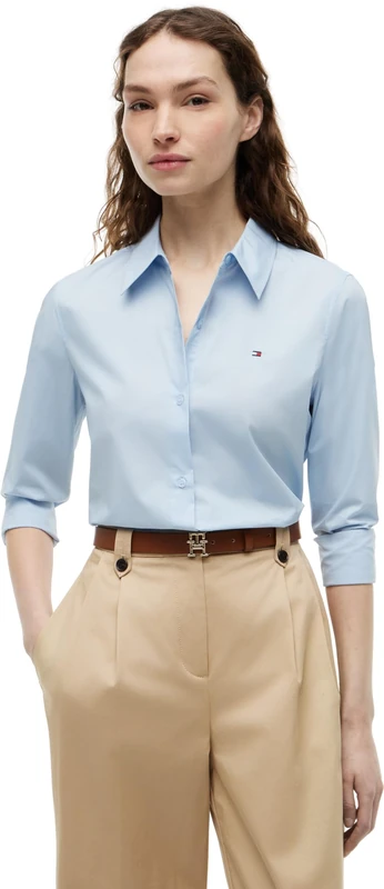 Tommy Hilfiger Women’s Regular Fit Poplin Shirt with Pointed Collar, Blue (Breezy Blue), 16