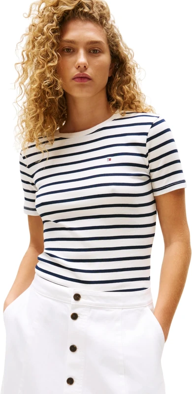 Tommy Hilfiger Women’s Short Sleeve Round Neck Slim Cody T-Shirt, Multicolor (Breton/ECU/Dark Night Navy), XXL