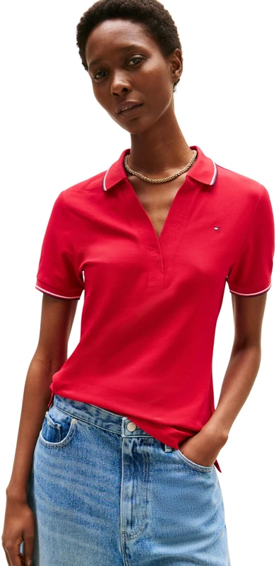 Tommy Hilfiger Women’s Short Sleeve Slim Fit Open Polo Shirt, Multicolor (Medium Red), L