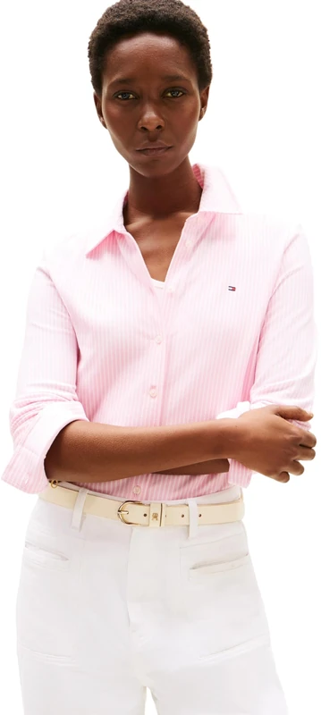 Tommy Hilfiger Women’s 1985 Slim Shirt with Pointed Collar, Multicolor (Ithaca STP/Classic Pink), XXS