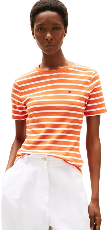 Tommy Hilfiger Women’s Short Sleeve Round Neck Slim Cody T-Shirt, Multicolor (Classic Breton Orange/ECU), L