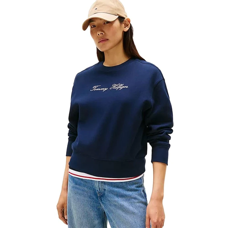 Tommy Hilfiger Women’s Round Neck Lurex Script Sweatshirt, Blue (Dark Night Navy), XL