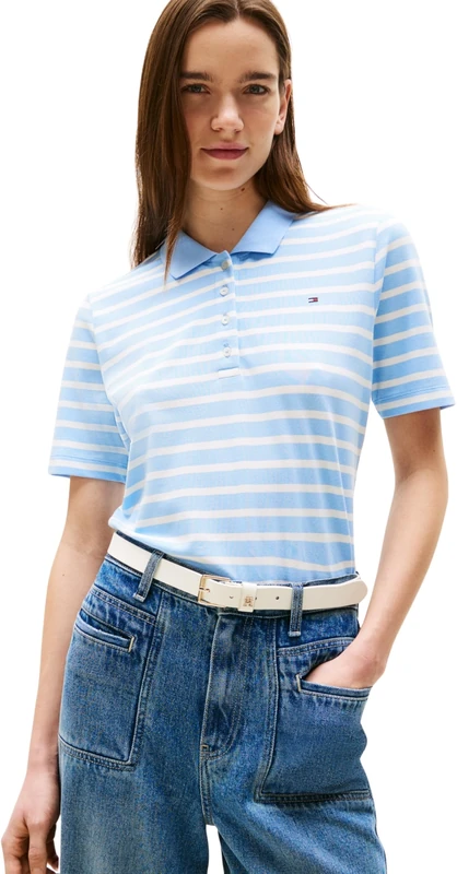 Tommy Hilfiger Women’s 1985 Short Sleeve Regular Fit Pique Polo Shirt, Multicolor (Breton STP Vessel Blue/Ecru), XXS