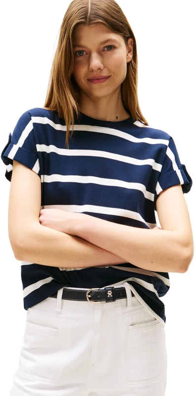 Tommy Hilfiger Women’s Short Sleeve Gold Button Round Neck T-Shirt, Multicolor (Dark Night Navy/Ivory Silk STP), S