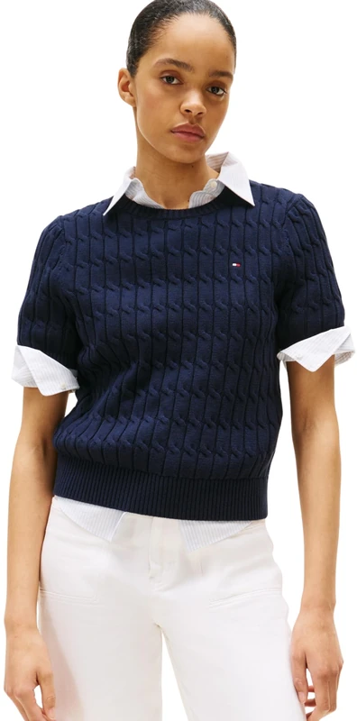 Tommy Hilfiger Women’s Short Sleeve Cable Knit Jumper, Blue (Dark Night Navy), L