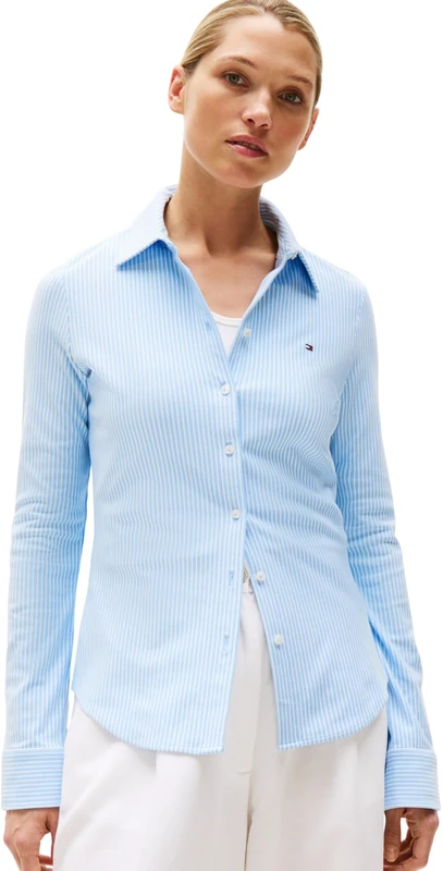 Tommy Hilfiger Women’s 1985 Slim Shirt with Pointed Collar, Multicolor (Ithaca STP/Vessel Blue), L