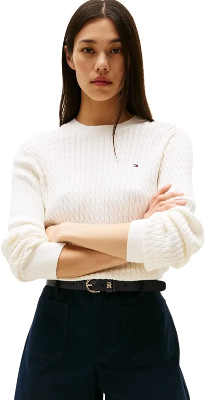 Tommy Hilfiger Women’s Fine Cable Knit Jumper, White (Ivory Silk), 3XL
