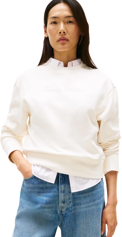 Tommy Hilfiger Women’s Round Neck Lurex Script Sweatshirt, White (Ivory Silk), L