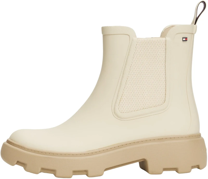 Tommy Hilfiger Women’s Rubber Rainboots with Block Heel, Off-White (Newsprint), 3.5
