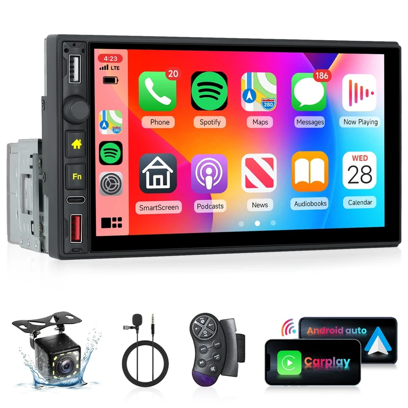 Car Stereo Single Din Car Radio with Wireless Carplay Android Auto,Hodozzy 7 Inches 1 Din Touch Screen with Bluetooth FM Radio Mirror Link USB/Type-C SWC Colorful backlight Car Player + Backup Camera