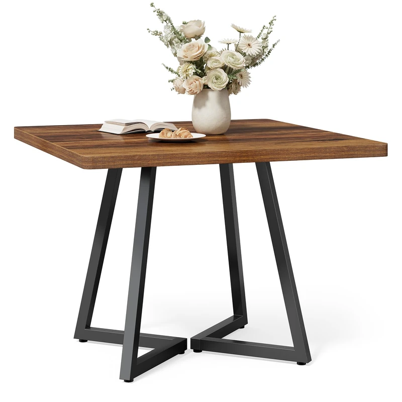 LITTLE TREE 31.5 Inches Small Dining Table for 4, Square Dinner Table for Small Space, Dining Room Tables, Rustic Brown Wooden Kitchen Table with Metal Legs, Modern Leisure Cafe Table for Apartment