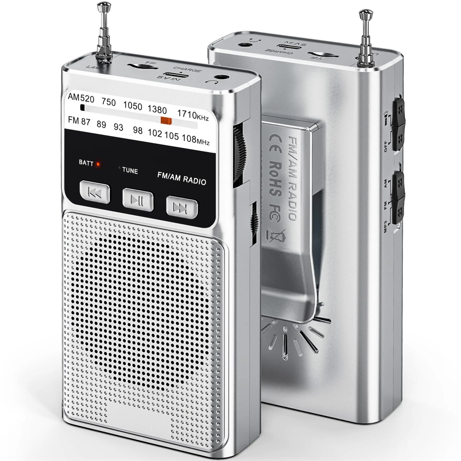 Small Portable AM/FM Radio with 1200mAh Rechargeable Battery, Excellent Sound Quality, Back Clip/Flashlight/Headphone Jack - Silver