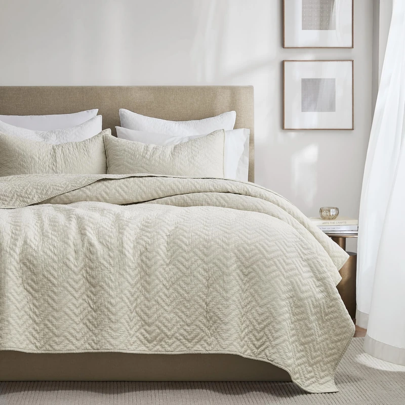 palassio Beige 100% Cotton Quilt Queen Size Bedding Sets with 2 Pillow Shams, Lightweight Textured Farmhouse Country Bedspread Soft Shabby Chic Patterned Coverlet for All Season, 3 Pieces